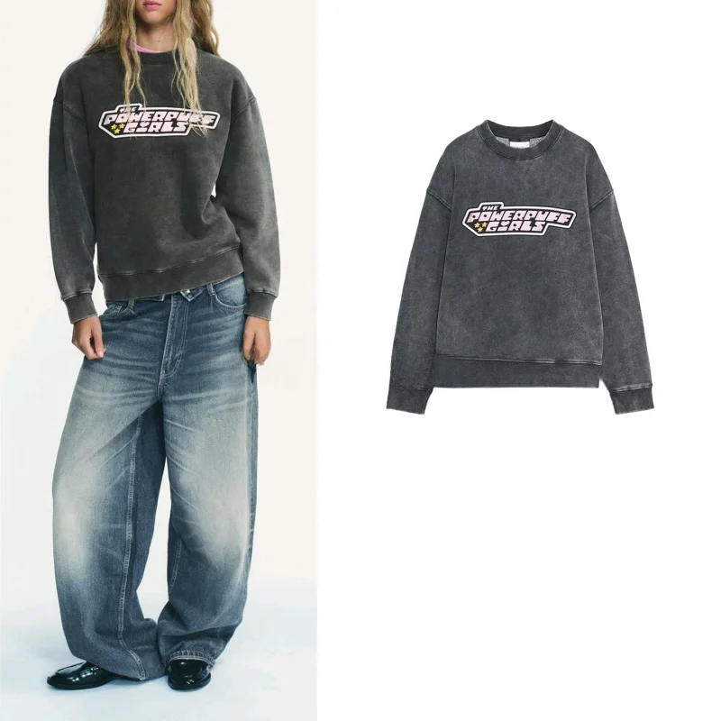 

Женский осенний свитшот с длинным рукавом, круглым вырезом, принтом и эффектом варки, эластичный дизайн, из полиэфирного волокна, повседневная одежда