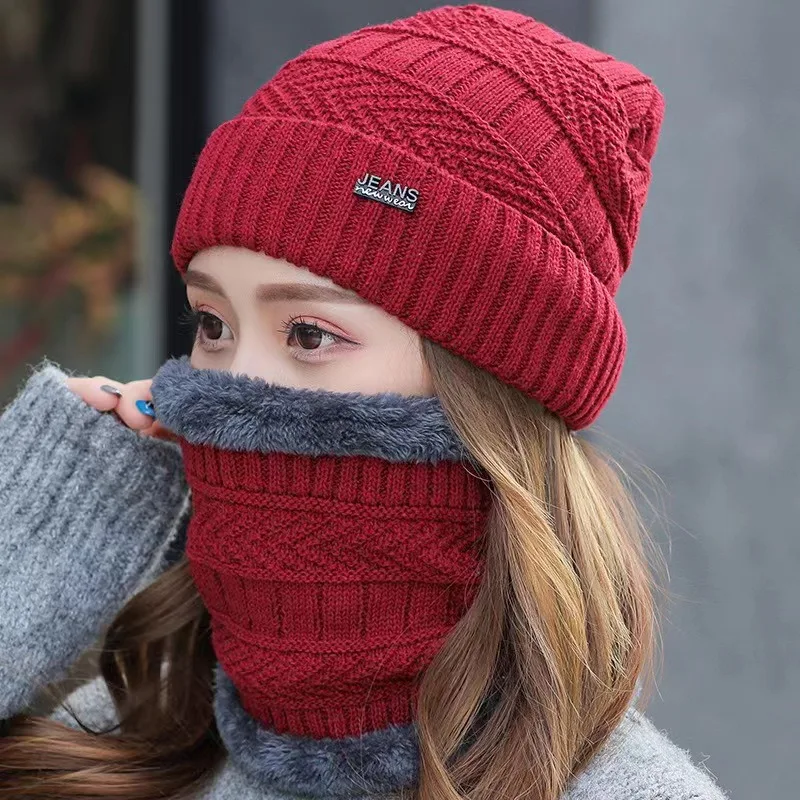 Biking Outdoor Hat Winter Korean Fashion Plus Cashmere Wool Hat Women's Warm Ear Protection Scarf Two-piece Set