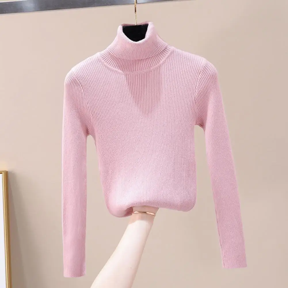 Elegant Fashionable Top Women's High Neck Knitted Sweater Top for Spring Autumn Slim Fit Base Shirt in Solid Color Long Sleeve