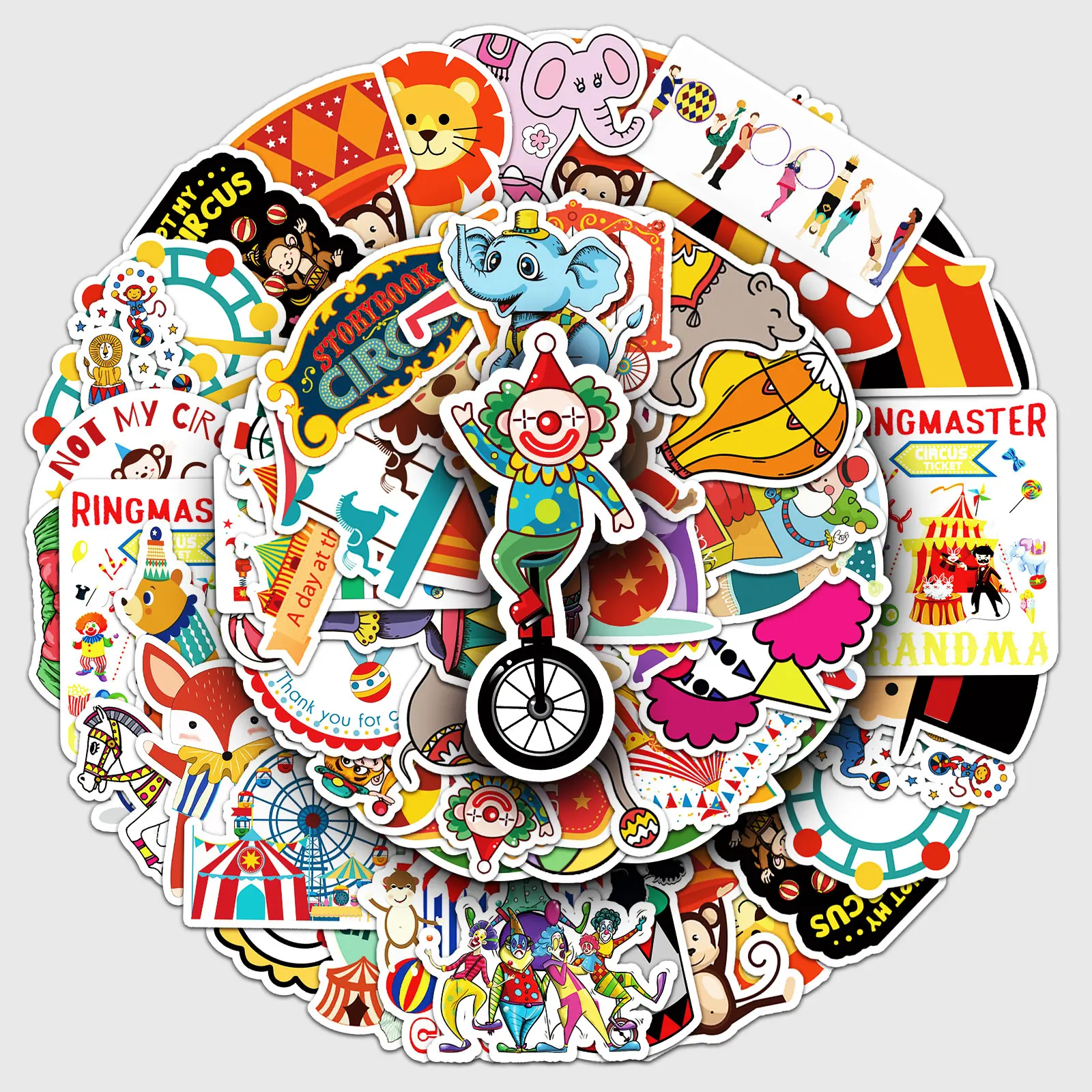 

50Pcs Circus Series Cartoon Cute Waterproof Sticker Skateboarding Snowboard Retro Vinyl home decal Sticker