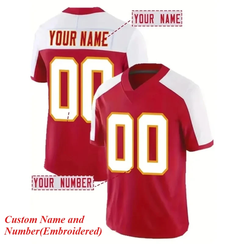 

Customized Name And Number Men's Embroidered American Football Jersey Kansas City Red Personalized Short Sleeved T-Shirt