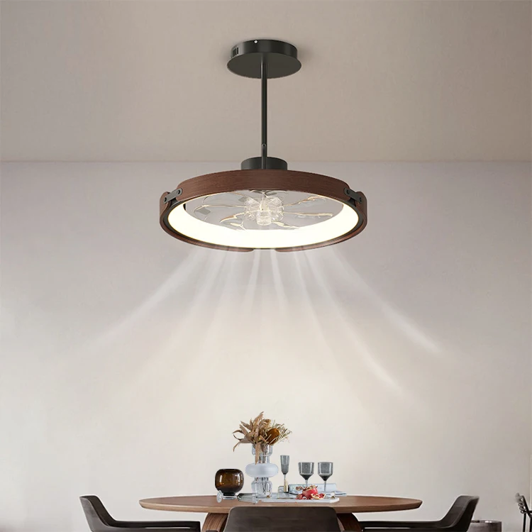 

Solid Wood Dining Room Fan Chandelier LED Three-color Remote Stepless APP Control Study Bedroom Integrated Fan Ceiling Light
