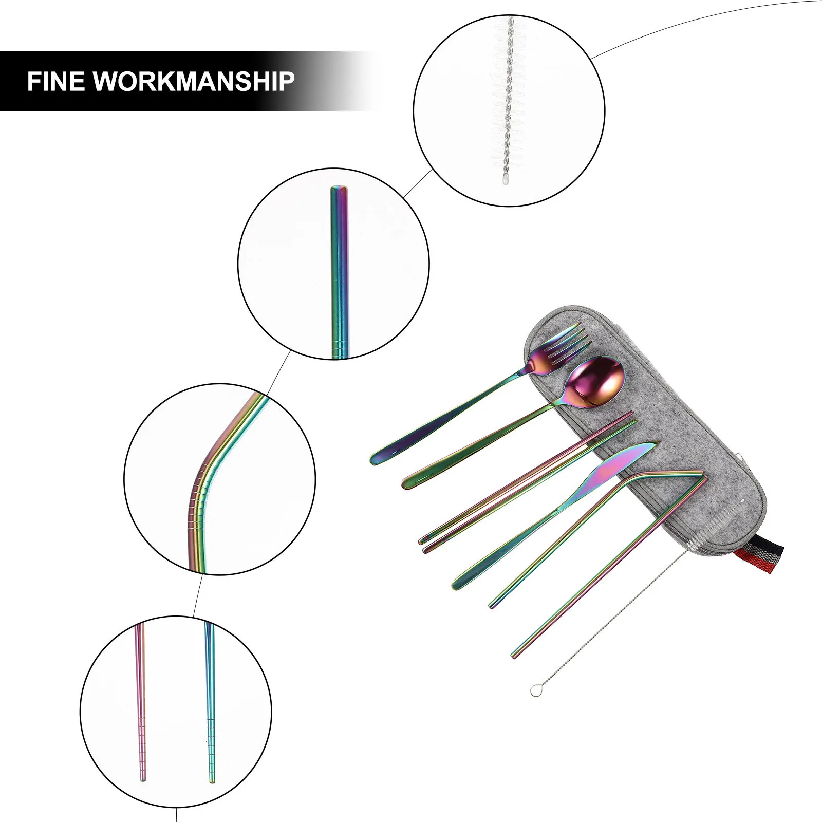 

1Set 304 Stainless Steel Portable Travel Tableware Set Fork Spoon Chopsticks with Cleaning Brush Straw Outdoor Supplies