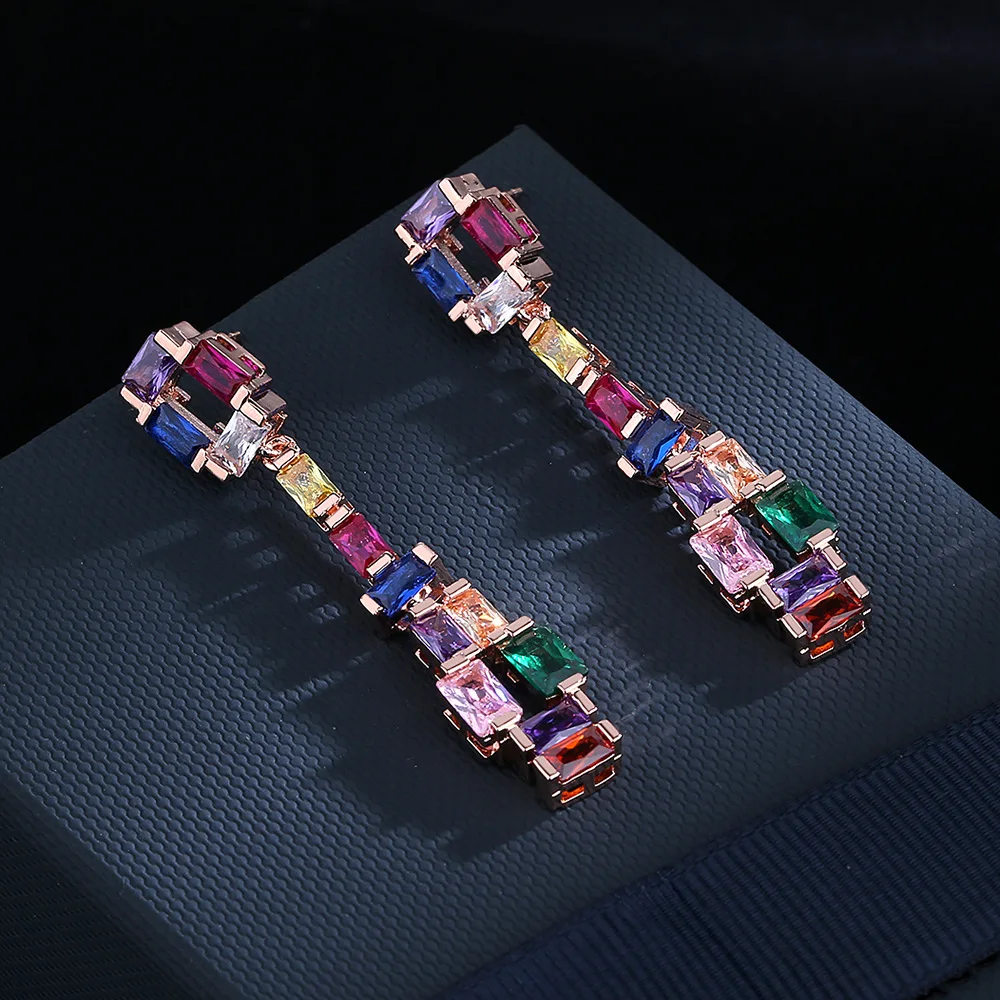 925 silver high-definition contrast fashion earrings super flash zircon earrings colorful tourmaline long earrings party gift