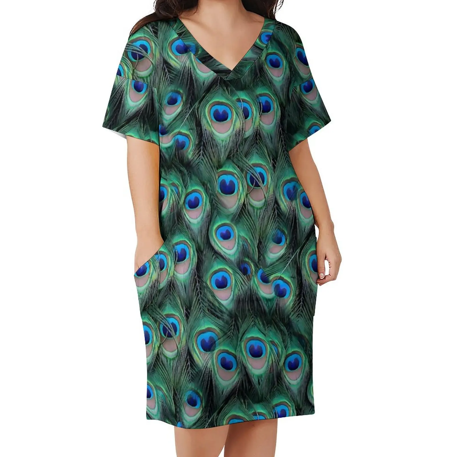 

Colorful Peacock Casual Dress Summer Animal Print Trendy Dresses Female V Neck Pattern Basic Dress Big Size 5XL
