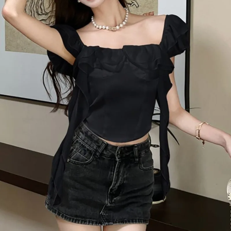 Patchwork Trendy Ribbon T Shirt For Women Pure And Elegant Ruffled Design Halter Top