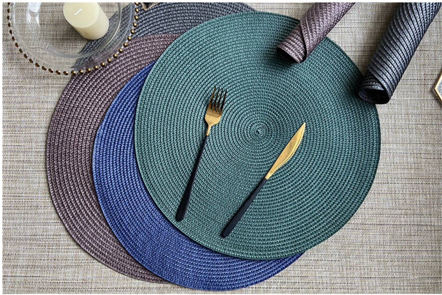 

Green Round Placemats Set of 6 Washable 15 inch Round Table Mats Cotton Polyester Woven Braided Place Mats for Dining Table