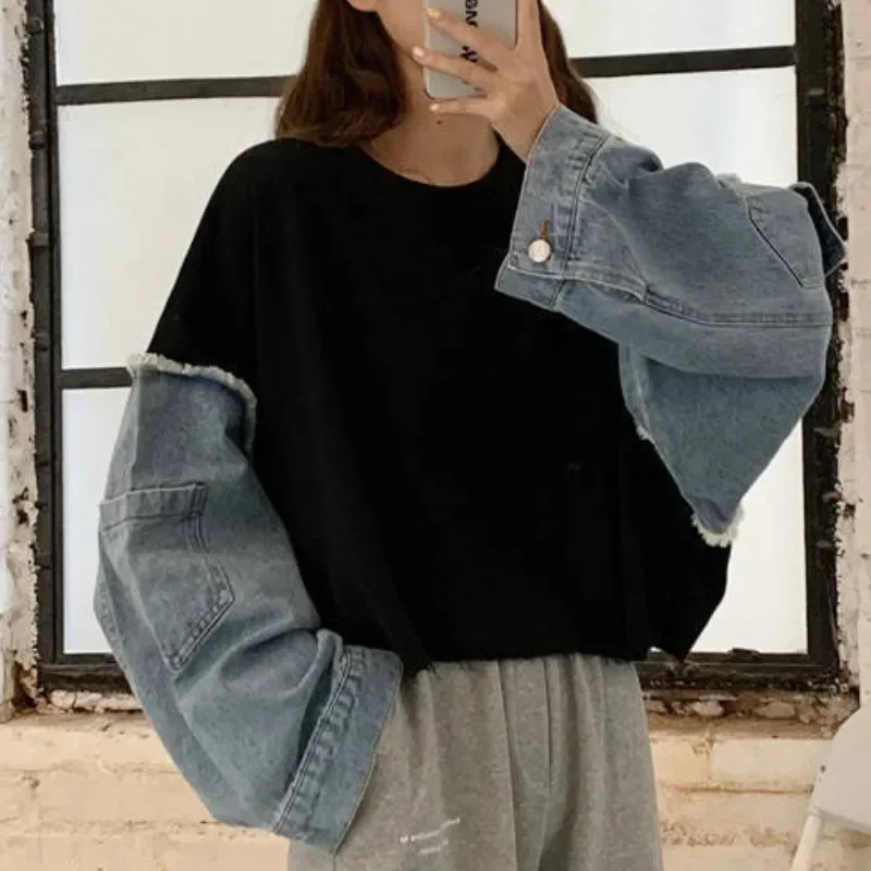 Women Casual Trendy Daily Knitwear O-Neck Patchwork All-match Fashionable Streetwear No Hat Hoodies Sweatshirts Indie Chic