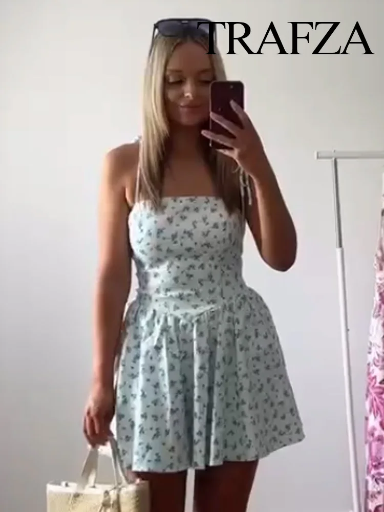 

TRAFZA Summer Women New Pocket Bow Shoulder Strap Dress Female High Waist Sleeveless Pleated Zipper Backless Printing Mini Dress