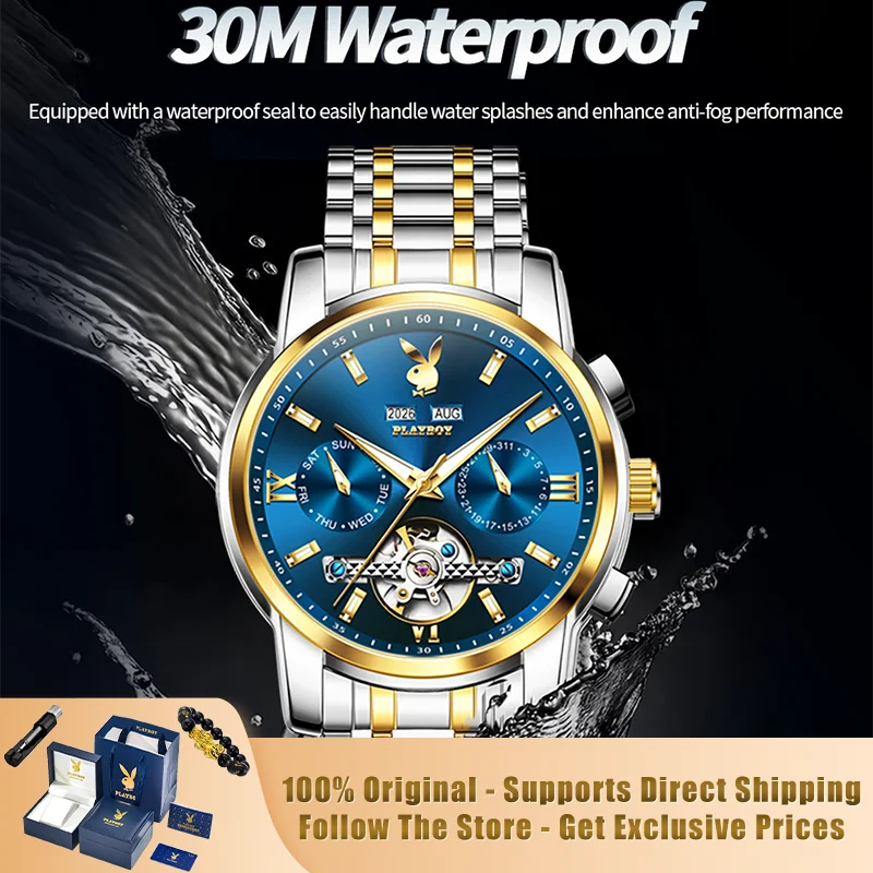 PLAYBOY 3140 Brand original authentic watches for man luxury Gift Box Solid steel belt multifunctional mechanical men's watch