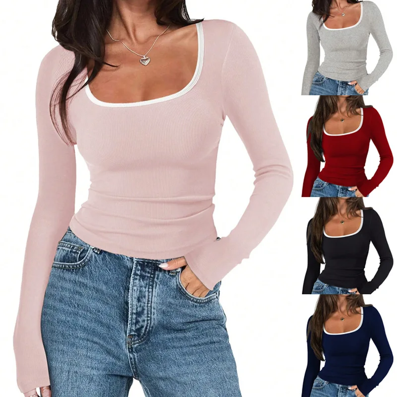 

Women's Square Neck Long Sleeve T-Shirt 2025 - Slim Fit Solid/Color Block Casual Daily Versatile Top