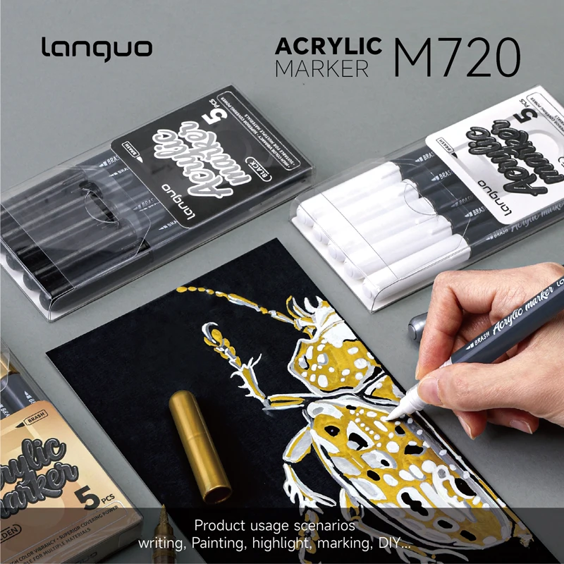 Languo 4 Pcs Direct Liquid Hardhead High-gloss Acrylic Marker, Suitable for Student Notebook Writing, DIY Painting and Graffiti