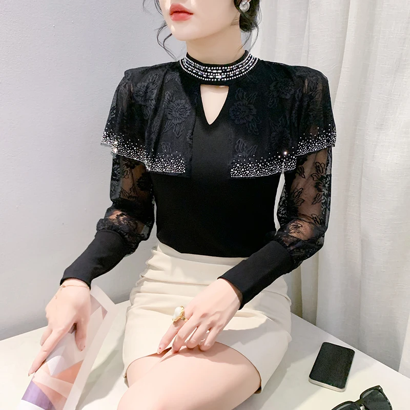 2024 Autumn/Winter European Street Clothing Fashion Stand Collar Hot Drilling Ruffles Mesh Tee Tops Luxurious Black Lace T-Shirt