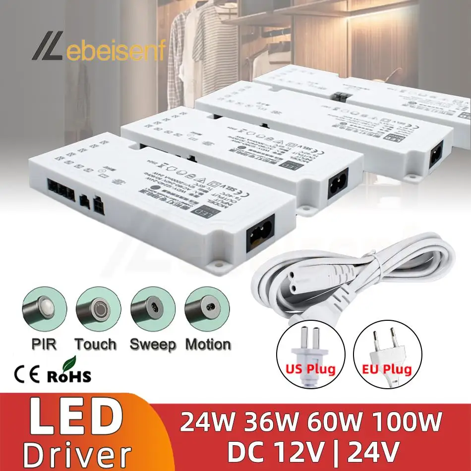 Tira de luces LED para armario, transformador de luz DC 12V 24V, fuente de alimentación de iluminación, controlador de puerto DuPont 24W 36W 60W 100W, Cable de enchufe UE/EE. UU.