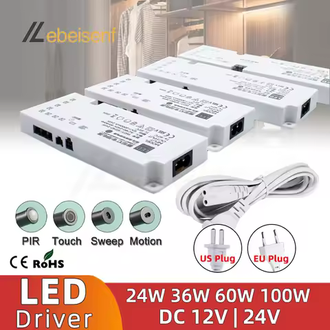 LED Cabinet Light Strip Light Transformer DC 12V 24V Lighting Power Supply DuPont Port Driver 24W 36W 60W 100W EU/US Plug Cable