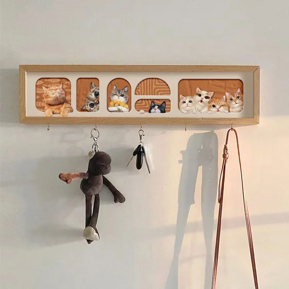 New Entrance Door Storage Rack Nordic Creative Key Coat Hook Cute Cat No Punching Wall Hanging Storage Box Decorative Painting