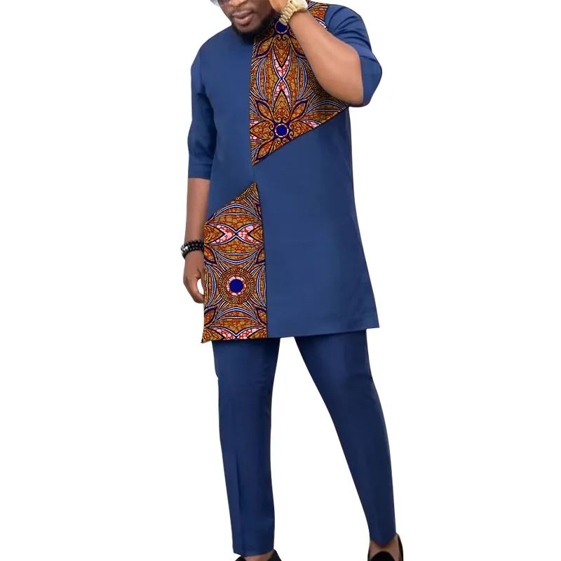 African Patchwork T-Shirt+Solid Pant Half Sleeve Tops Dark Blue Men\'s Set Nigerian Fashion Wedding Outfits