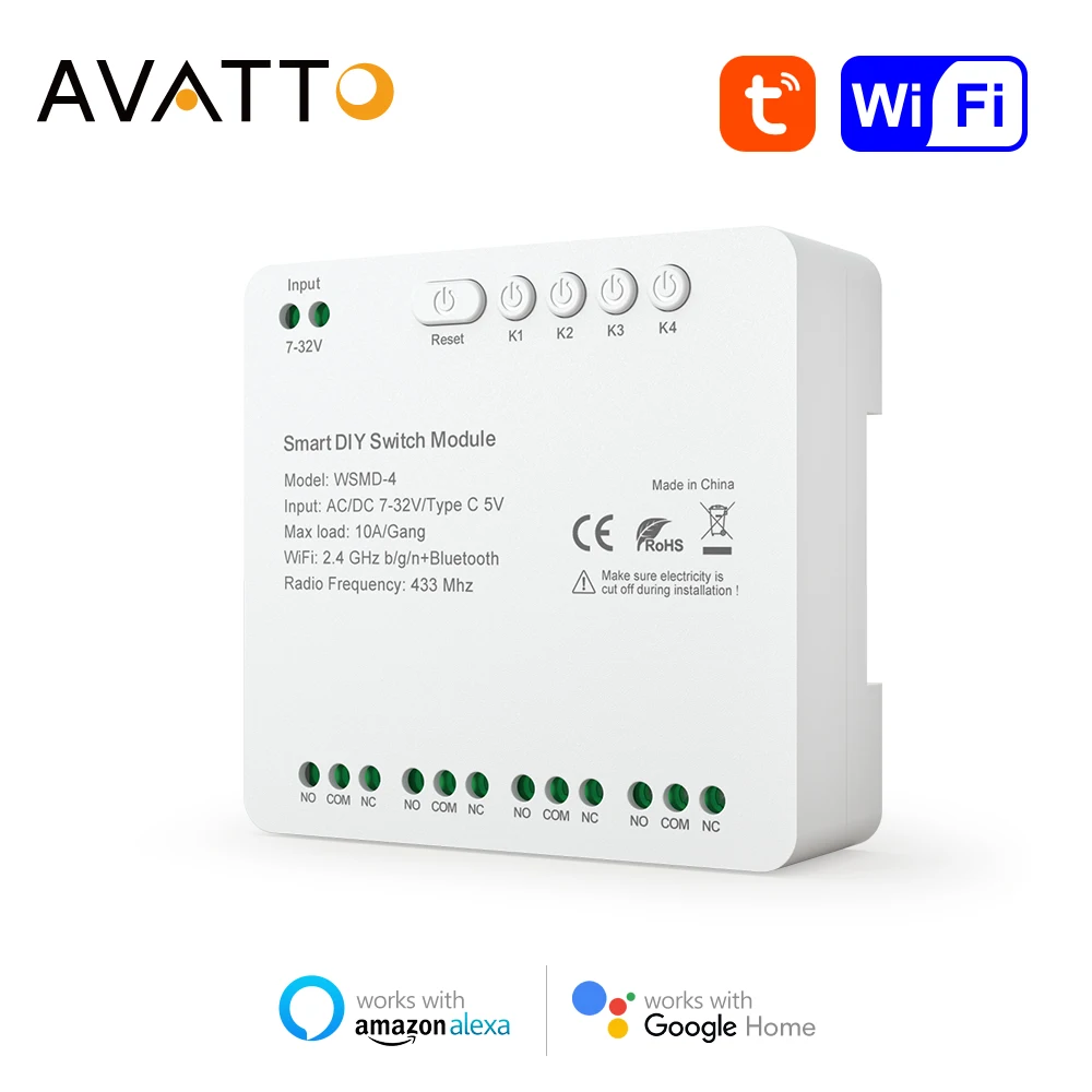 

AVATTO Smart WiFi беспроводной 4-канальный модуль сухого контактного реле, пульт дистанционного управления через приложение, работает с Alexa Google Home