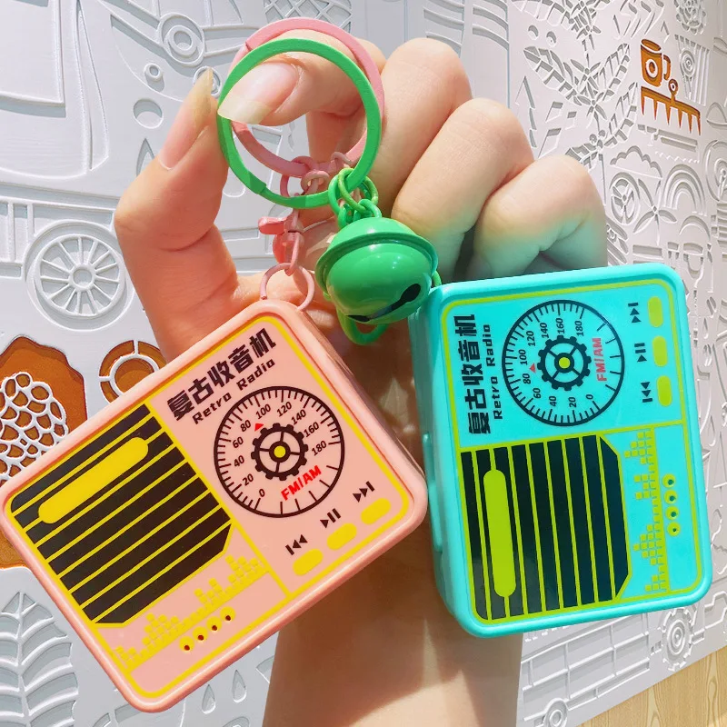 Creative Retro Portable Mini Radio Shape Keychain Musical Instrument Toys Gift Nostalgic Recording Key Ring Music Box Pendant