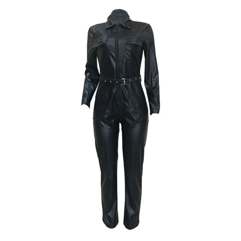 Krisnanas Pu Leather Female Jumpsuits 2025 Sporty Woman Lapel Long Sleeve Zipper Pockets One Piece Sport Pants with Belt 68480