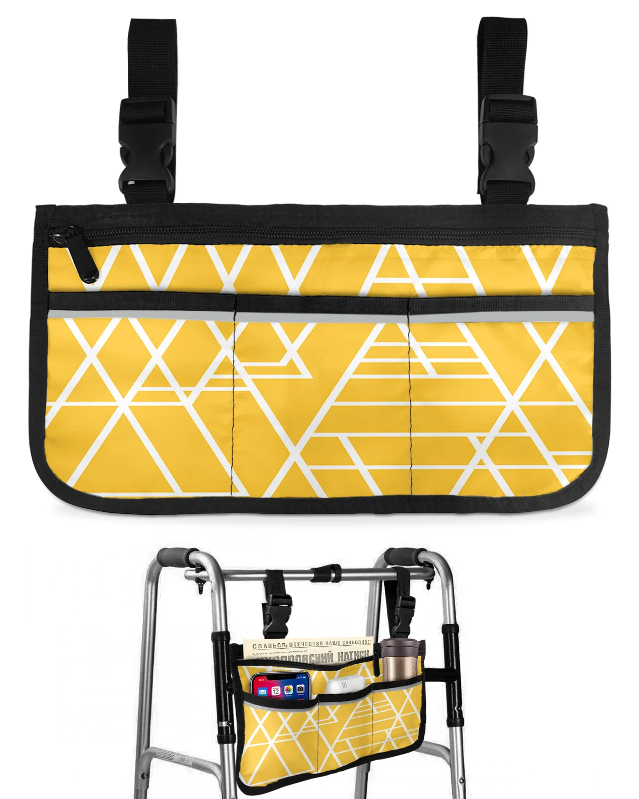 Geometric Texture Yellow Wheelchair Bag With Pockets Armrest Side Bags Electric Scooter Walking Frame Storage Pouch