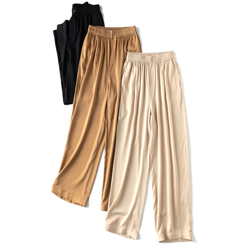 

Женские шелковые длинные брюки из 93% тутового шелка и 7% спандекса, однотонные, черные, цвета шампань, с карманами, на резинке, MM985