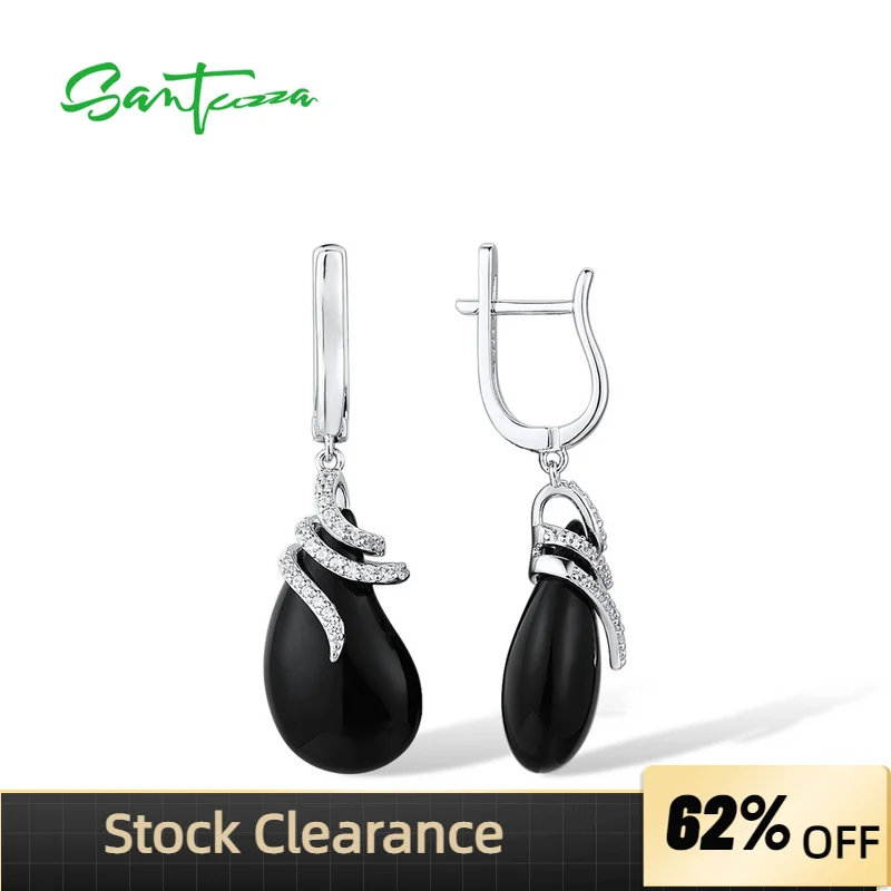 SANTUZZA Pure 925 Sterling Silver Earrings For Women Sparkling White Cubic Zirconia Black Ceramic Trendy серьги Fine Jewelry