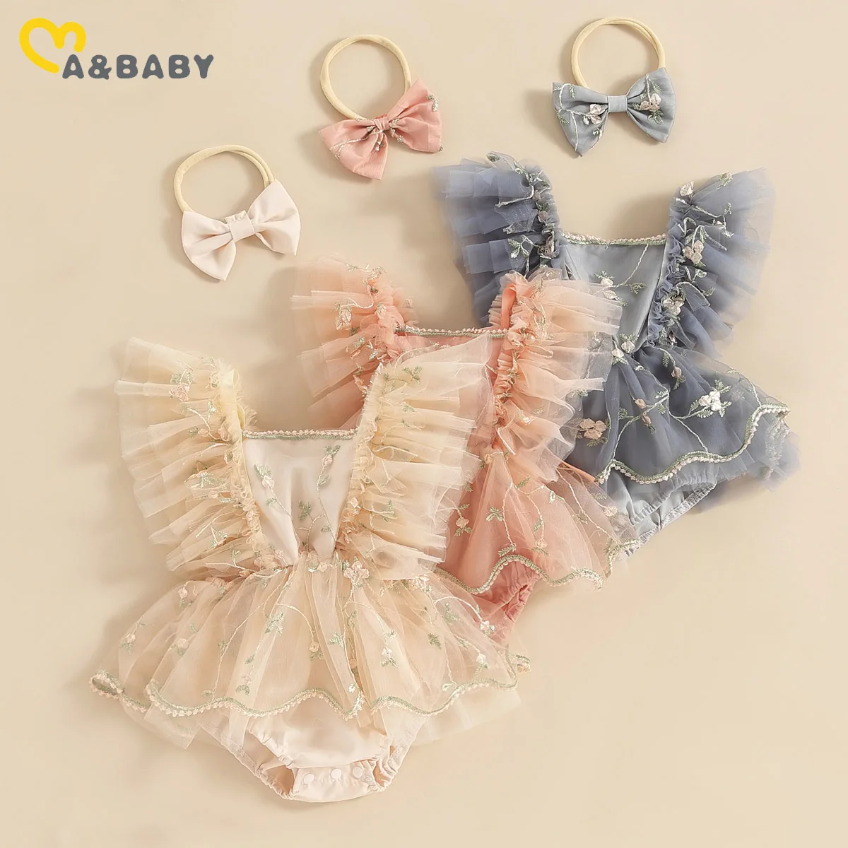 ma&baby 0-24M Baby Girls Romper Newborn Toddler Infant Princess Tulle Floral Embroidery Jumpsuit + Bow Headband Summer Outfits