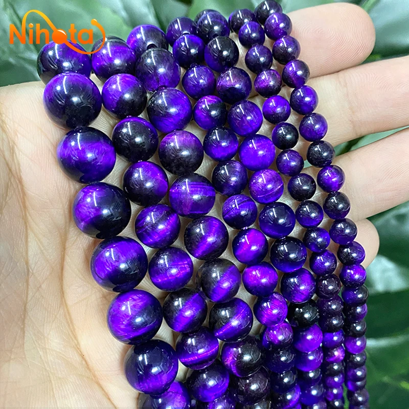 Natural Smooth Purple Tiger Eye Stone Round Loose Beads DIY for Jewelry Making Women's Charms Bracelets 15