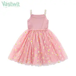 Children Girls Summer Casual Sweet Dress Sleeveless Knit Flower Sling Tulle Tutu School Daily Birthday Party Camp Beach Costume