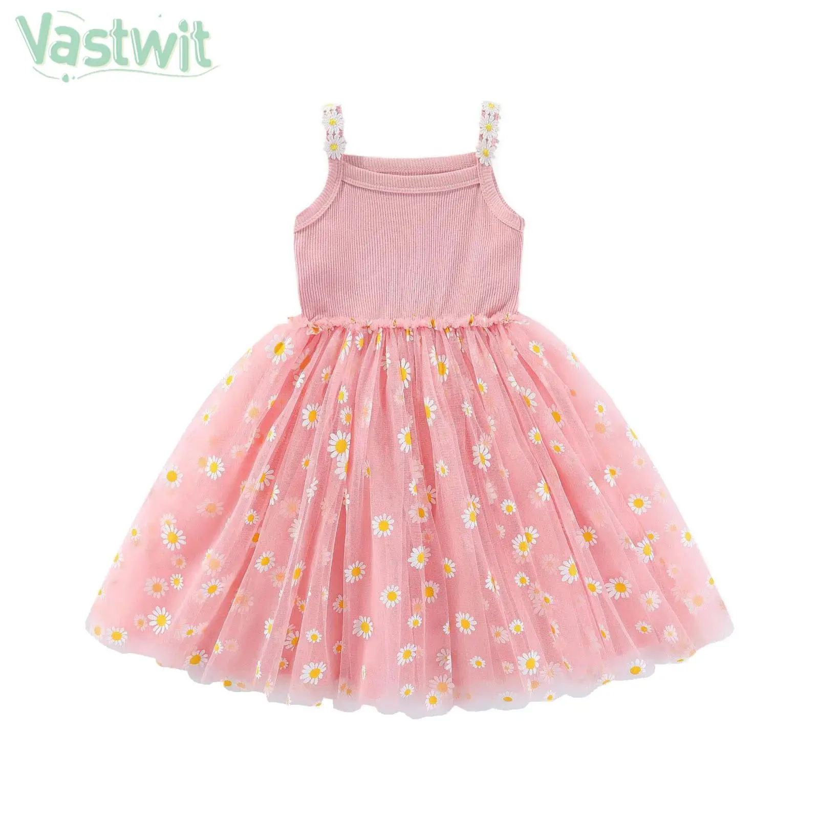 Children Girls Summer Casual Sweet Dress Sleeveless Knit Flower Sling Tulle Tutu School Daily Birthday Party Camp Beach Costume