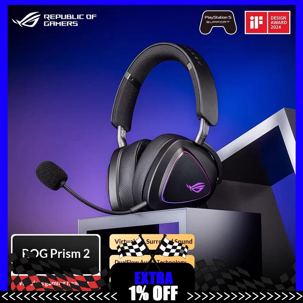 ROG Prism2 Wireless Headphones 7.1 Surround Sound Effect 50mm titanium-plated diaphragm Game Headset Light Weight Pc Accessories