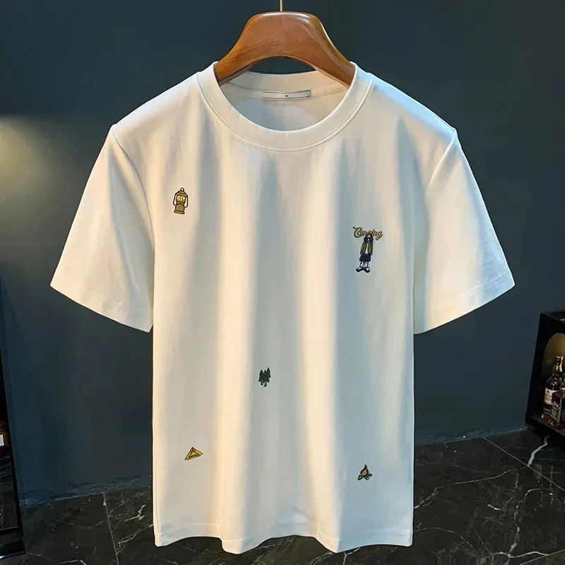 

Повседневная футболка с короткими рукавами, мужская летняя креативная вышитая свободная верхняя одежда, модная уличная модная одежда