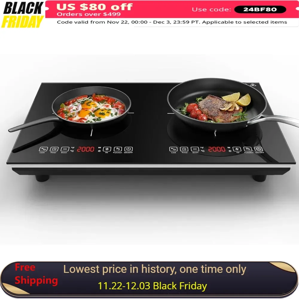 Electric Induction Cooker, 4000W 2 Burner, Hot Plate LED Sensor, Child Safety Lock & Timer, Portable Double Induction Cooktop