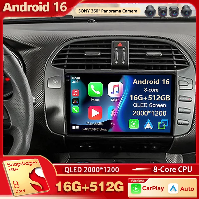 Android 16 Für Fiat Bravo 198 2 II 2007-2014 2K QLED Android Autoradio Multimedia Videoplayer GPS Stereo CarPlay 4G Head Unit