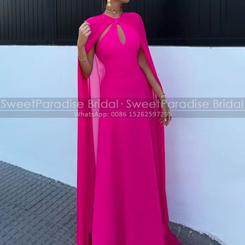 

Customized A Line Evening Dress Long Cloak Cape Keyhole Neck Hot Pink Chiffon Prom Dresses Party For Women