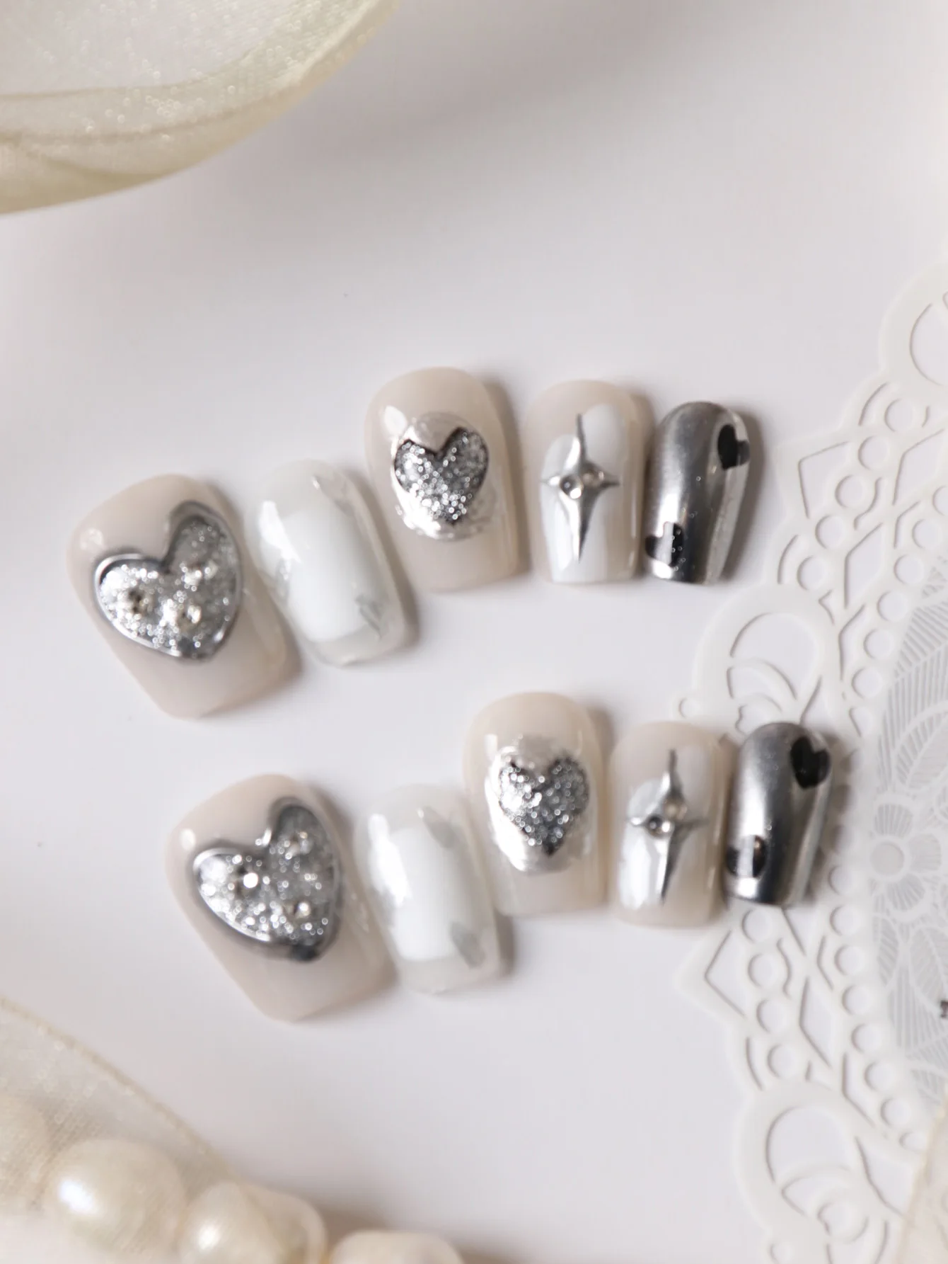 10Pcs Press on Nails White Nails Silver Heart Fake Nails Includes 1 Sheet of Adhesive Tabs & 1 Pc Mini File
