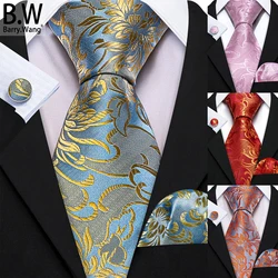 Barry.Wang Silk Men Tie Hanky Cufflinks Set Chrysanthemum Same Pattern Different Colors Necktie for Male Wedding Business Party