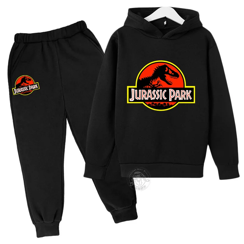 Anime Cartoon Jurassic Park Pattern Printed Children's Autumn/Winter Warm Hoodie+Pants Sports Set 3-13 Year Old Boys and Girls