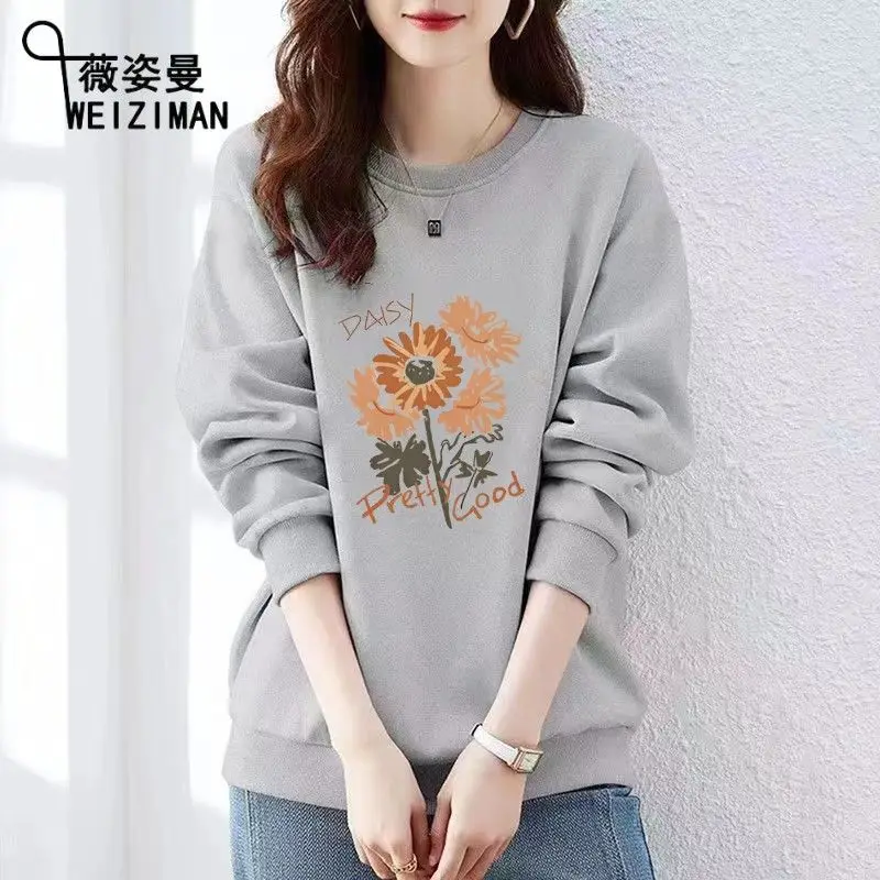 Cotton Round Neck Hoodie for Women New Korean Version with Added Fleece New Loose Long Sleeved Top