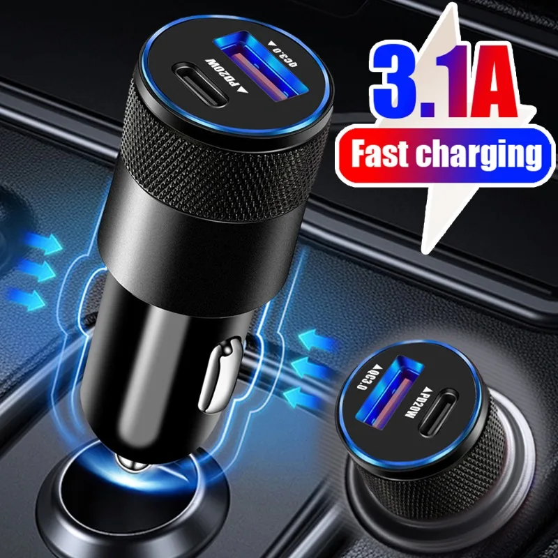 

38W Mini Portable Car Charger DC12-24V Dual Port Output Car Charger USB3.1A+Type-C Fast Charging with LED Translucent Display