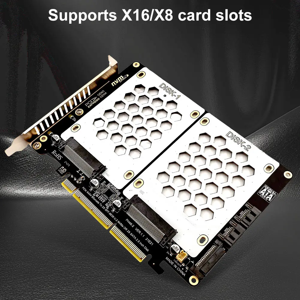 Placa adaptadora de disco duplo U.2 com indicador LED U2 para placa de expansão PCI Express 8X disco rígido SATA de 2,5 polegadas para placa dividida PCIE4.0