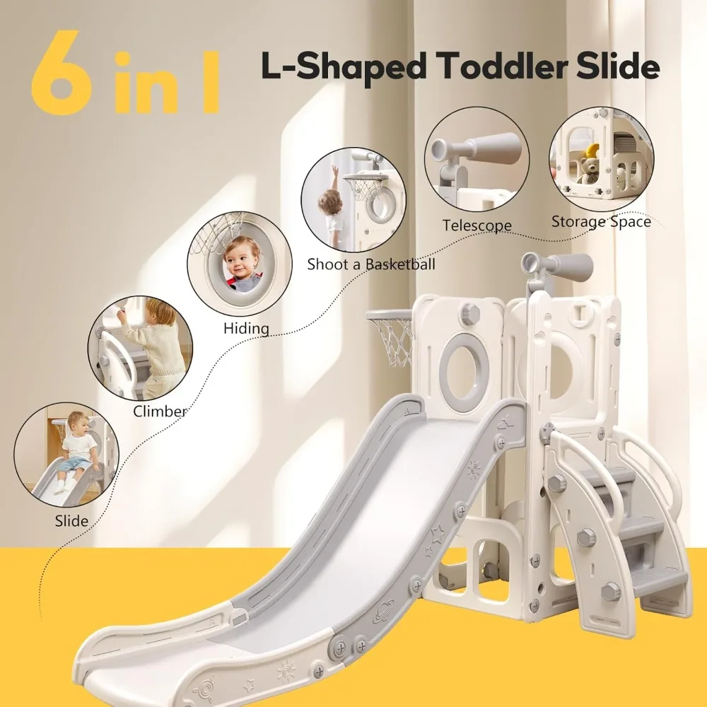 6 in1 Toddler Playset with Slide,Toddler Slide,Slide for Kids with Basketball Hoop,Ball,Ring Toss,Kids Slide Toddler Playground