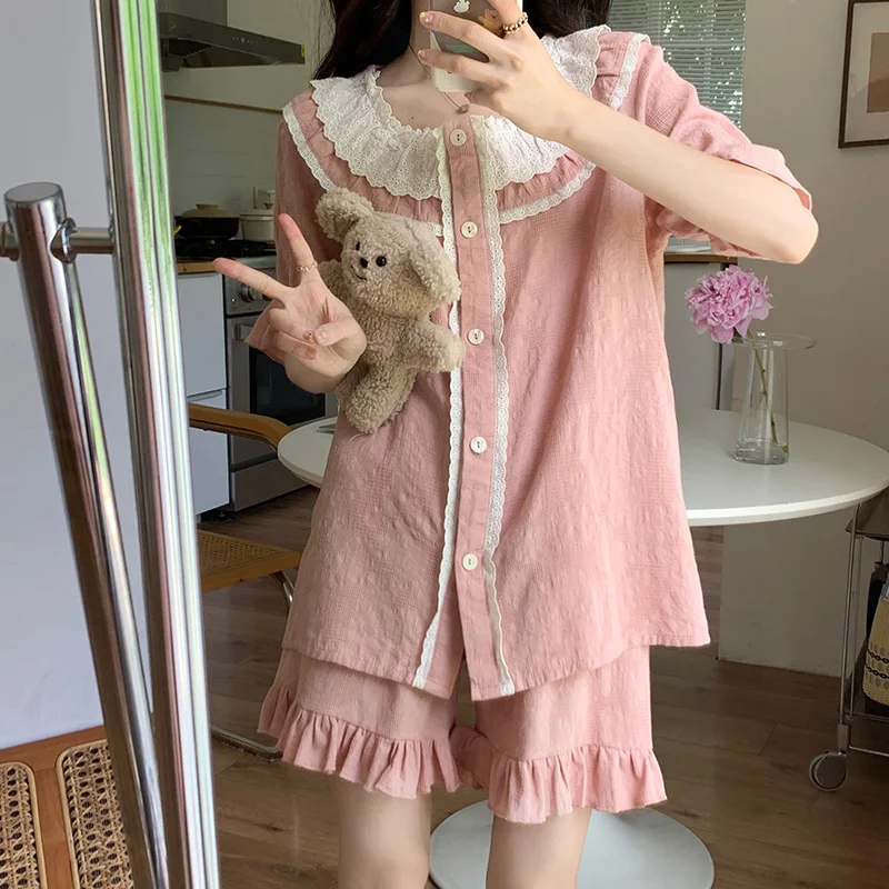 

Simple Sweet Cotton Lace Elegant Casual NightDress Summer Short Sleeved Pajama Set Women Splicing Girlish Style Korean Sleep Top