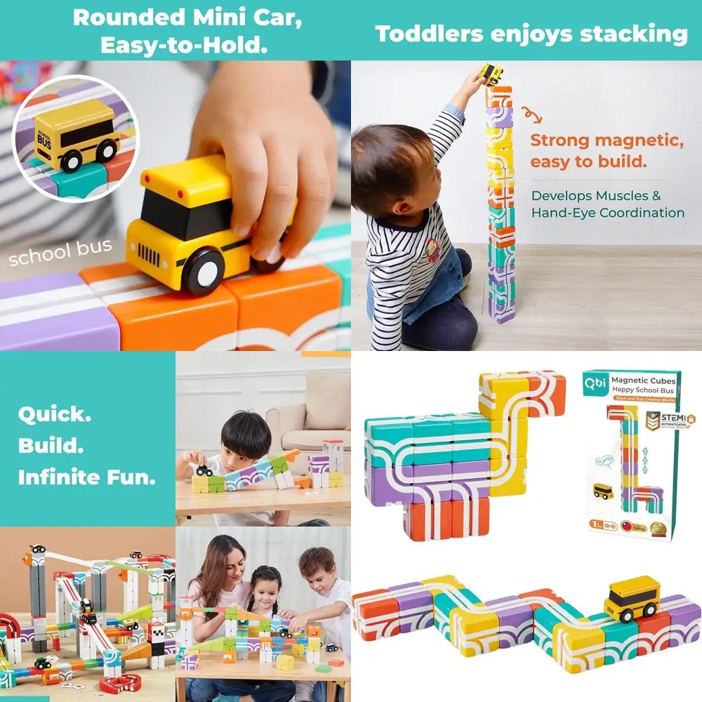 Set di blocchi magnetici 3D per bambini piccoli, ispirazione Montessori, tema scuolabus da 13 pezzi