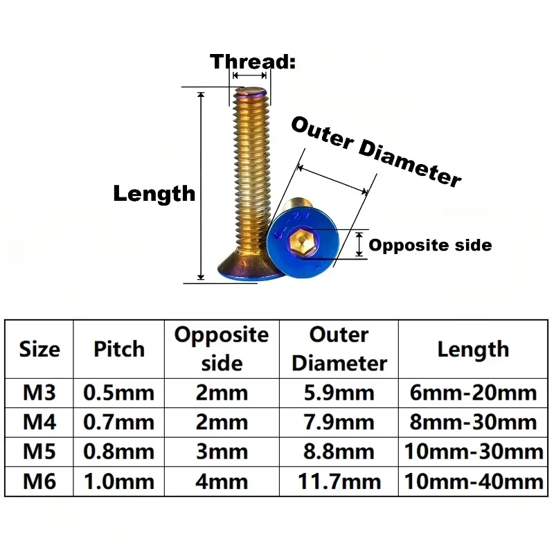 M3 M4 M5 M6 Countersunk Head Hex Socket Screws Color Plated 304 Stainless Steel E-bike Motorcycle Modify Fixing Bolts L6mm~40mm