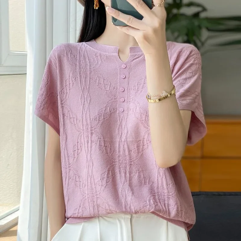 

Женская черная вязаная блузка с короткими рукавами и пуговицами на шее, повседневная блузка с рисунком