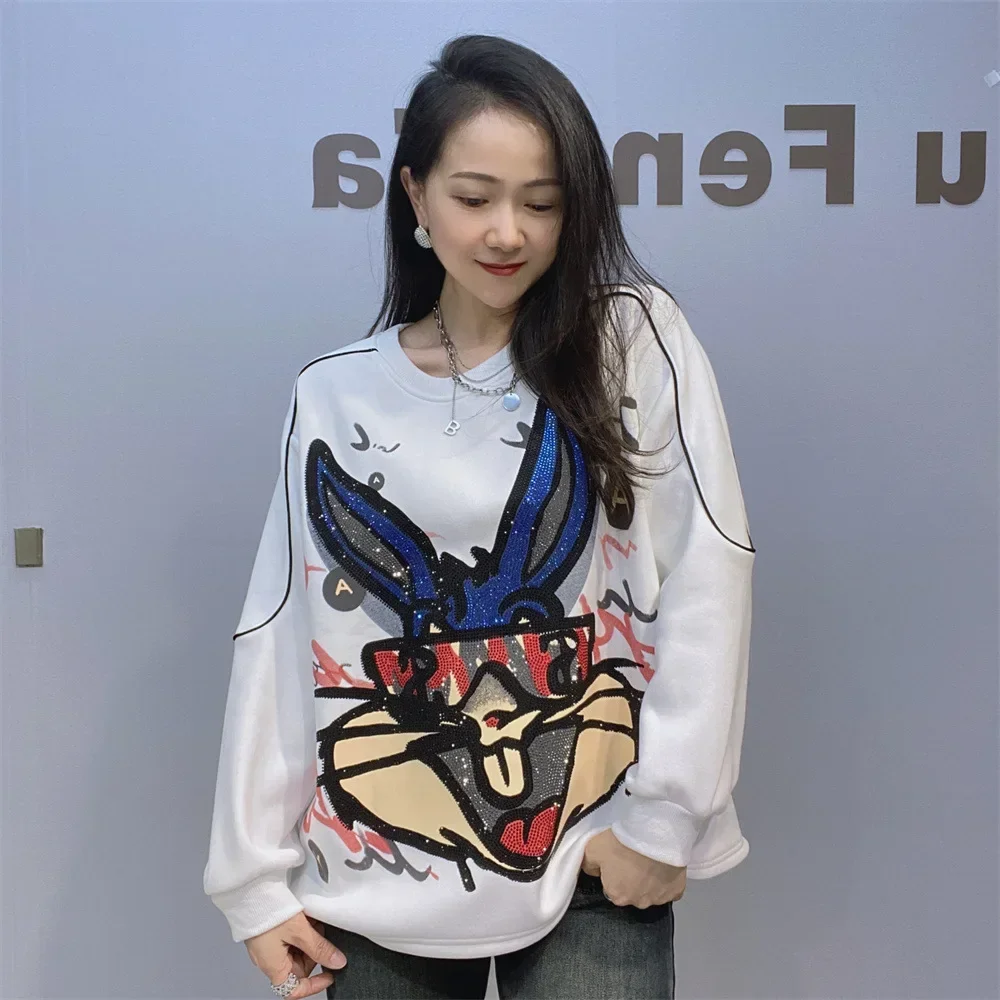 Fashion Diamonds Hoodie Women Vintage Clothes Cartoon Pattern Printed O Neck Pullover Knitwear Casual Tops Loose Sweatshirts