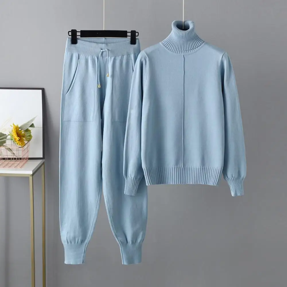 Two Piece Cashmere Autumn Winter Women Turtleneck Wool Sweater Suits Fashion Knitted Loose Pant Tracksuit Lady Warm Set