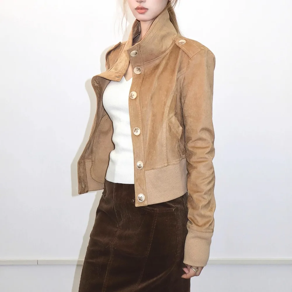 

Модная короткая куртка в стиле ретро, пальто, замшевая текстурированная женская короткая куртка, осенняя темпераментная короткая куртка, новая женская одежда